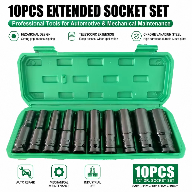 Car Workshop Tools And Equipment - 10-delige 1/2 inch metrische diepe impact